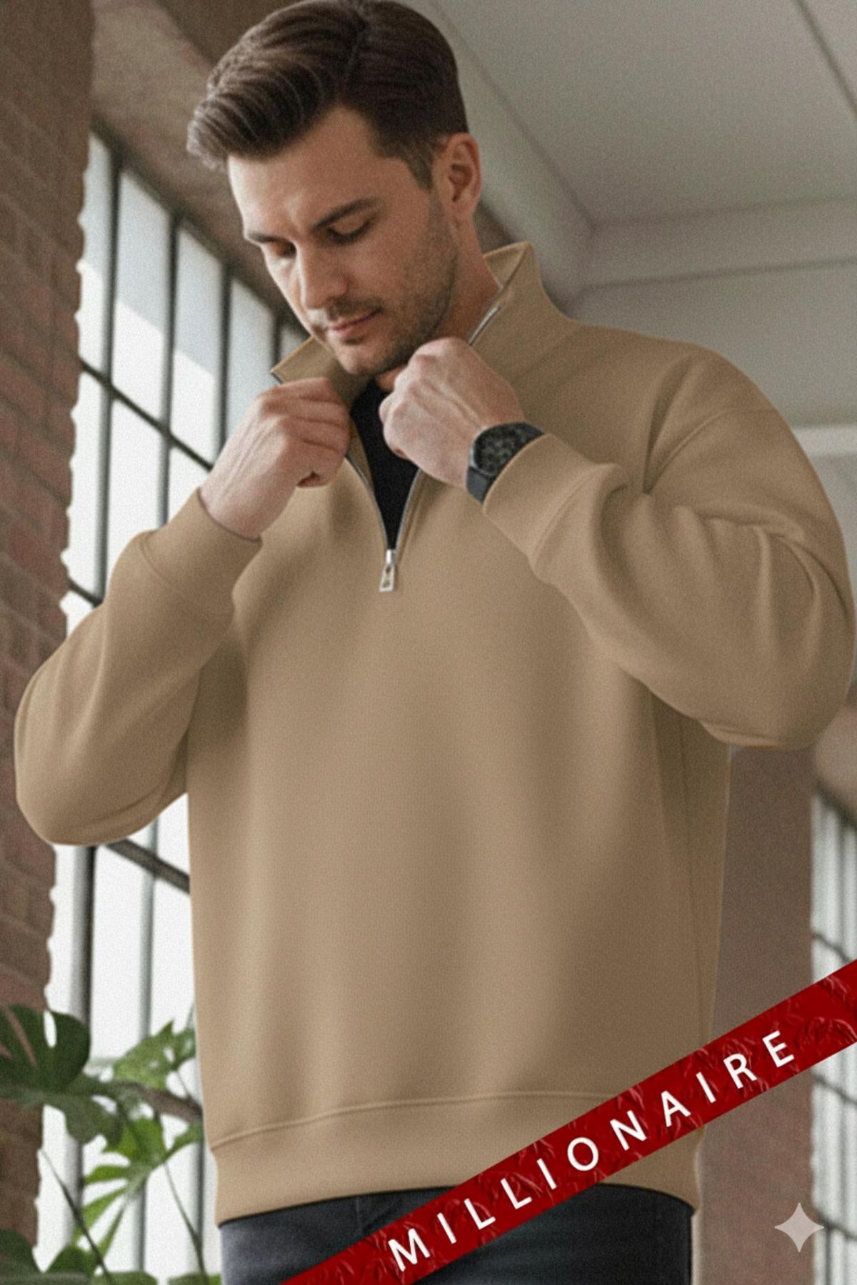 Erkek Camel Taş Kum Bej Balıkçı Yaka 3 Iplik Içi Polarlı Şardonlu Oversize Sweatshirt