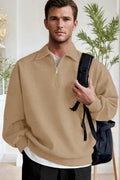 Erkek Camel Yarım Fermuar Polo Yaka 3 İplik İçi Polarlı Şardonlu Oversize Sweatshirt