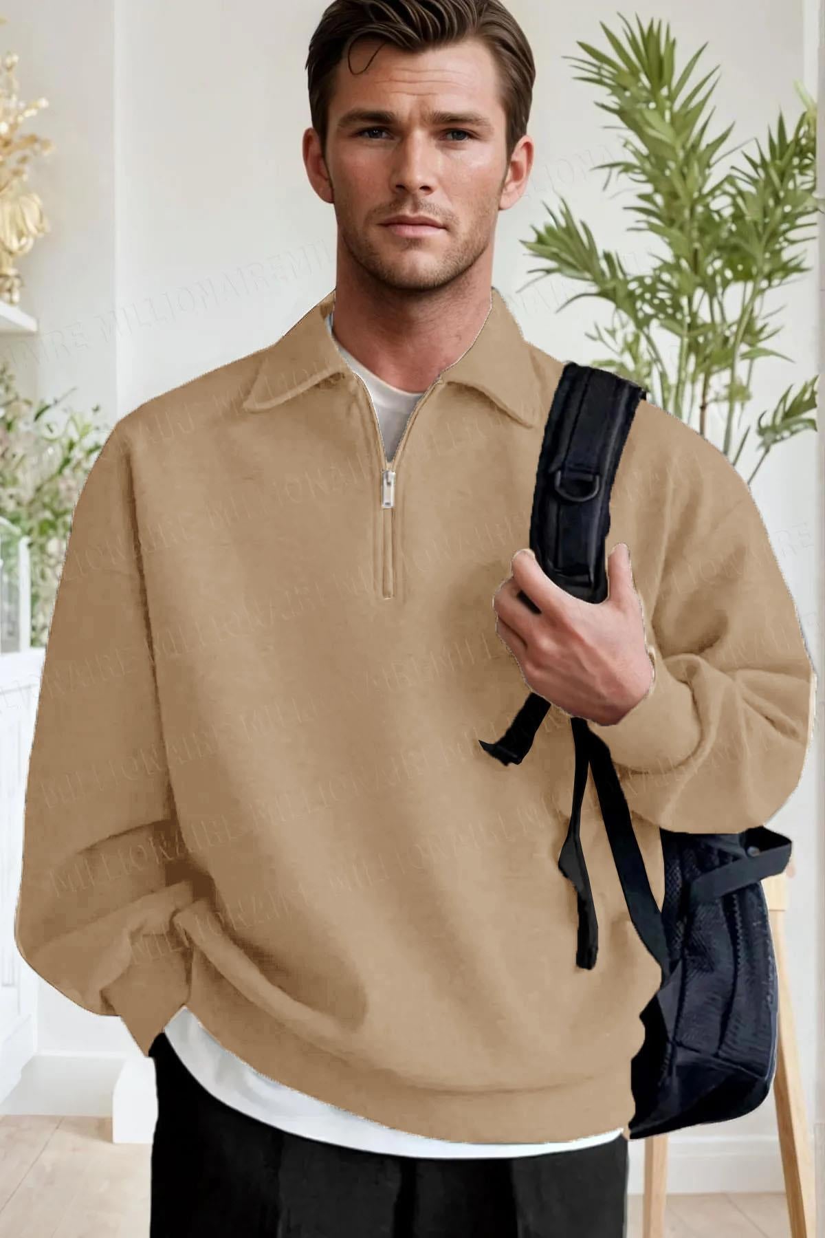 Erkek Camel Yarım Fermuar Polo Yaka 3 İplik İçi Polarlı Şardonlu Oversize Sweatshirt