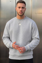 Erkek Düz Gri Basic Baskısız Sıfır Bisiklet Yaka Oversize Salaş Sweatshirt Sweat