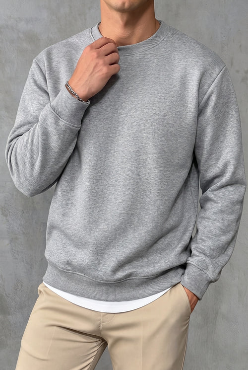 Erkek Düz Gri Basic Baskısız Sıfır Bisiklet Yaka Oversize Salaş Sweatshirt Sweat