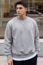 Erkek Düz Gri Basic Baskısız Sıfır Bisiklet Yaka Oversize Salaş Sweatshirt Sweat
