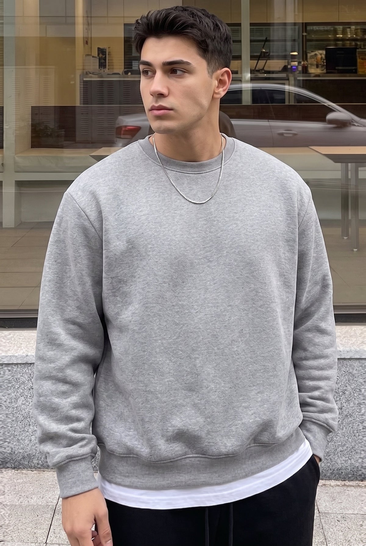 Erkek Düz Gri Basic Baskısız Sıfır Bisiklet Yaka Oversize Salaş Sweatshirt Sweat