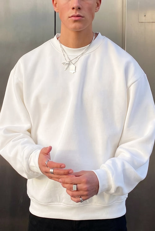Erkek Düz Kırık Beyaz Krem Ekru Basic Baskısız Sıfır Bisiklet Yaka Oversize Salaş Sweatshirt Sweat