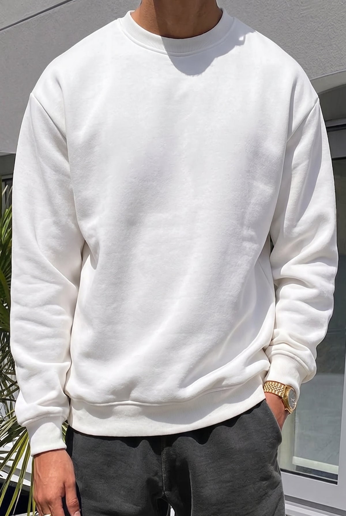 Erkek Düz Kırık Beyaz Krem Ekru Basic Baskısız Sıfır Bisiklet Yaka Oversize Salaş Sweatshirt Sweat
