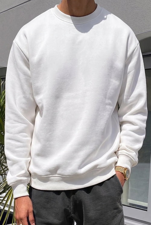 Erkek Düz Kırık Beyaz Krem Ekru Basic Baskısız Sıfır Bisiklet Yaka Oversize Salaş Sweatshirt Sweat