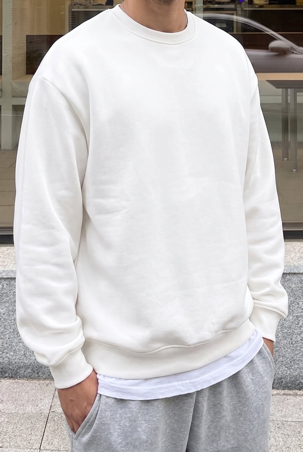 Erkek Düz Kırık Beyaz Krem Ekru Basic Baskısız Sıfır Bisiklet Yaka Oversize Salaş Sweatshirt Sweat