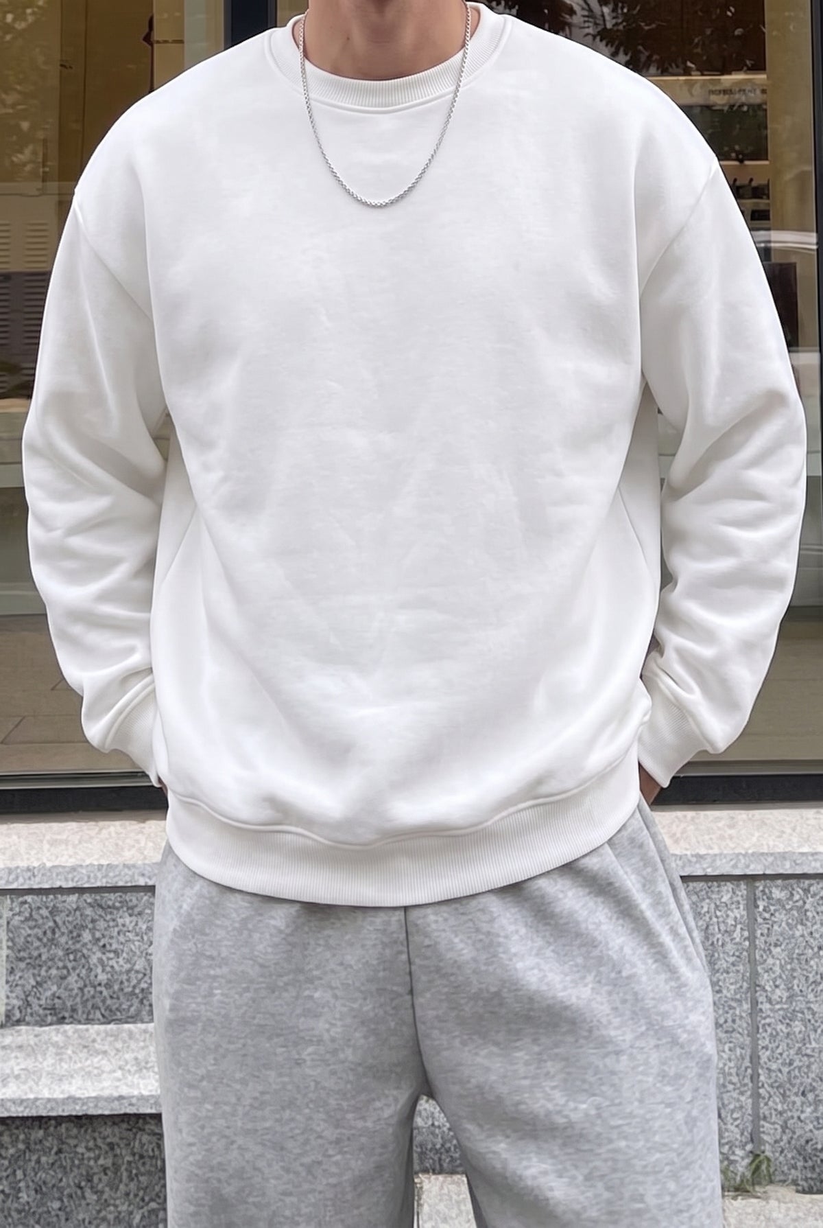 Erkek Düz Kırık Beyaz Krem Ekru Basic Baskısız Sıfır Bisiklet Yaka Oversize Salaş Sweatshirt Sweat