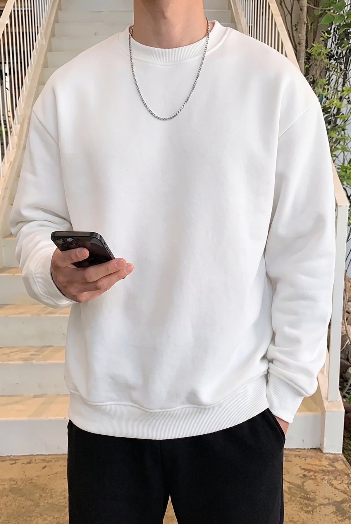 Erkek Düz Kırık Beyaz Krem Ekru Basic Baskısız Sıfır Bisiklet Yaka Oversize Salaş Sweatshirt Sweat