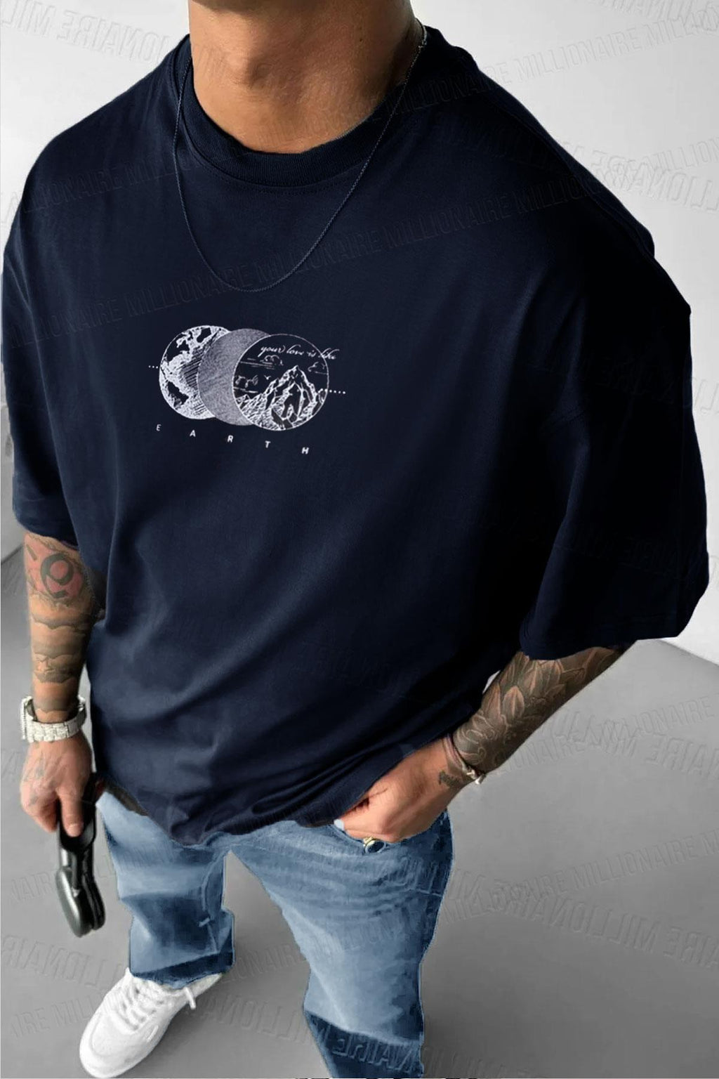 Erkek Lacivert Earth Oversize Fit Bol Geniş Kalıp Salaş Kesim T-shirt