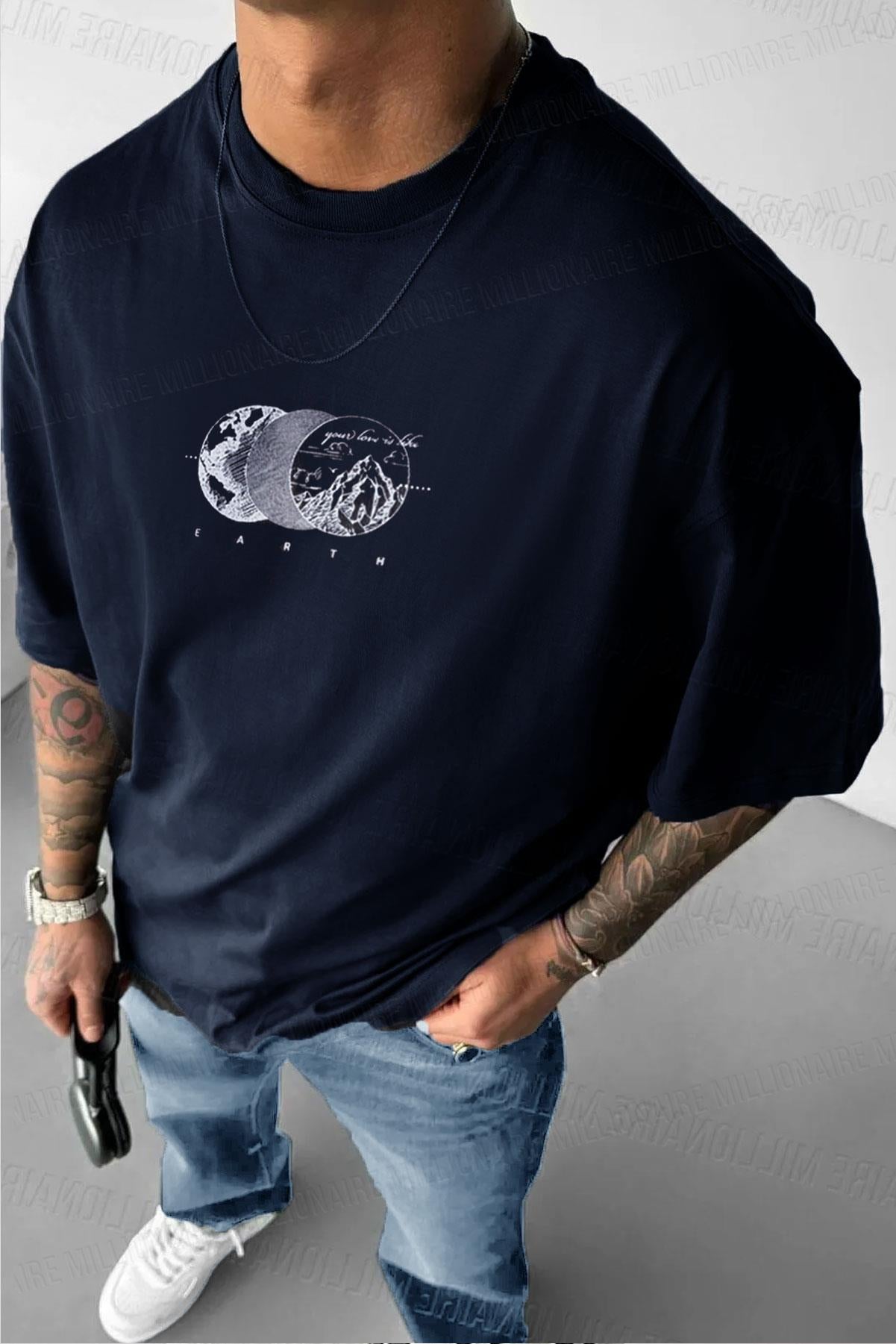Erkek Lacivert Earth Oversize Fit Bol Geniş Kalıp Salaş Kesim T-shirt