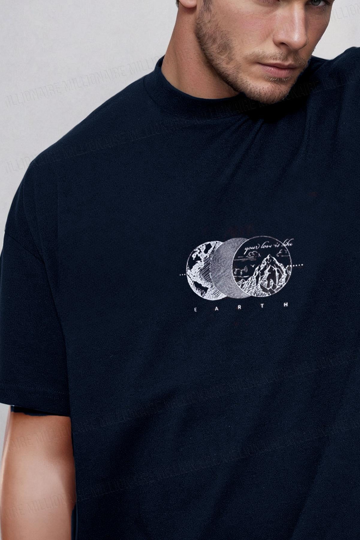 Erkek Lacivert Earth Oversize Fit Bol Geniş Kalıp Salaş Kesim T-shirt