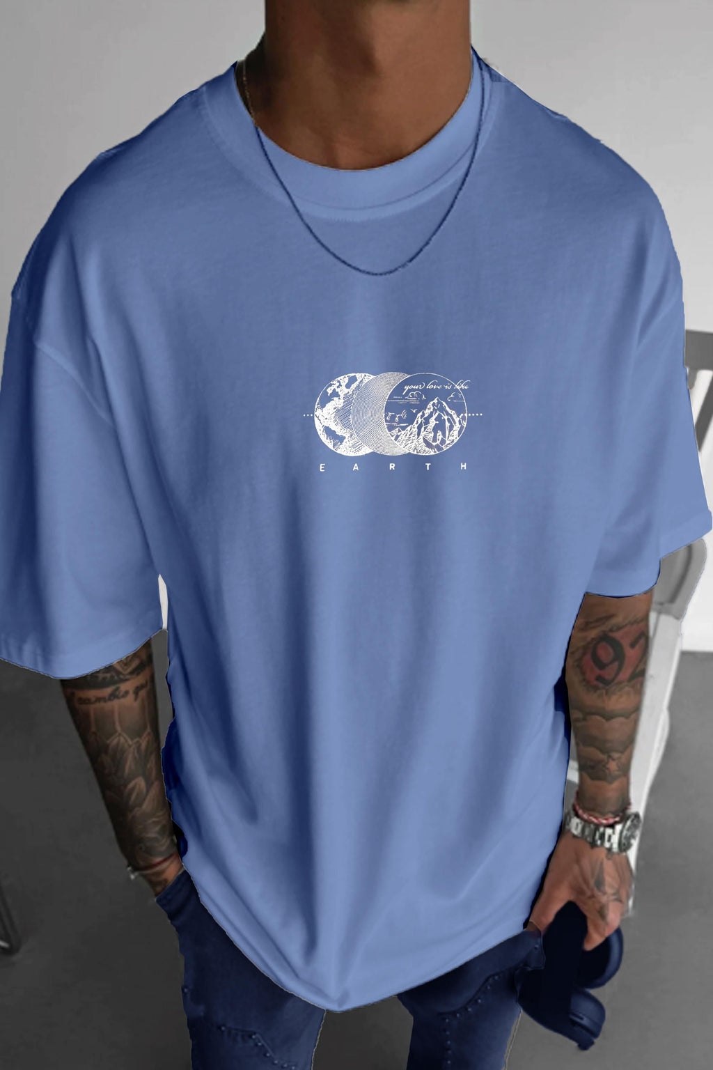 Erkek Mavi Earth Oversize Fit Bol Geniş Kalıp Salaş Kesim T-shirt