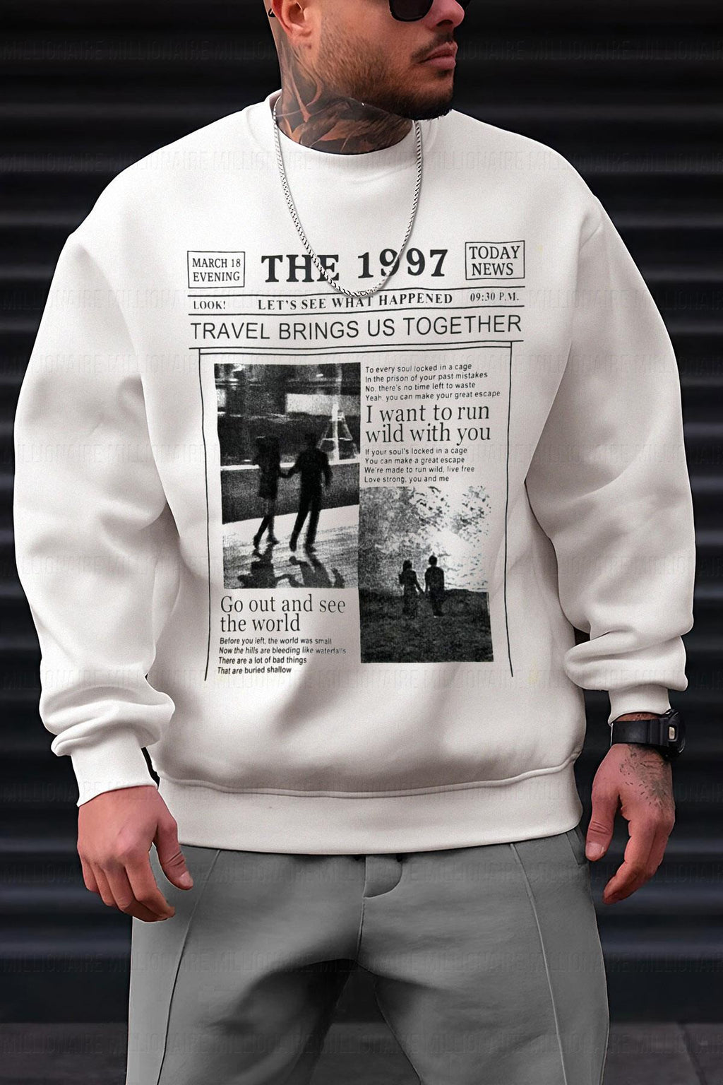 Erkek Kırık Beyaz Krem Ekru 1997 Baskılı 0 Sıfır Yaka Oversize Salaş Bol Kesim Polar Sweatshirt