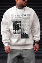 Erkek Kırık Beyaz Krem Ekru 1997 Baskılı 0 Sıfır Yaka Oversize Salaş Bol Kesim Polar Sweatshirt