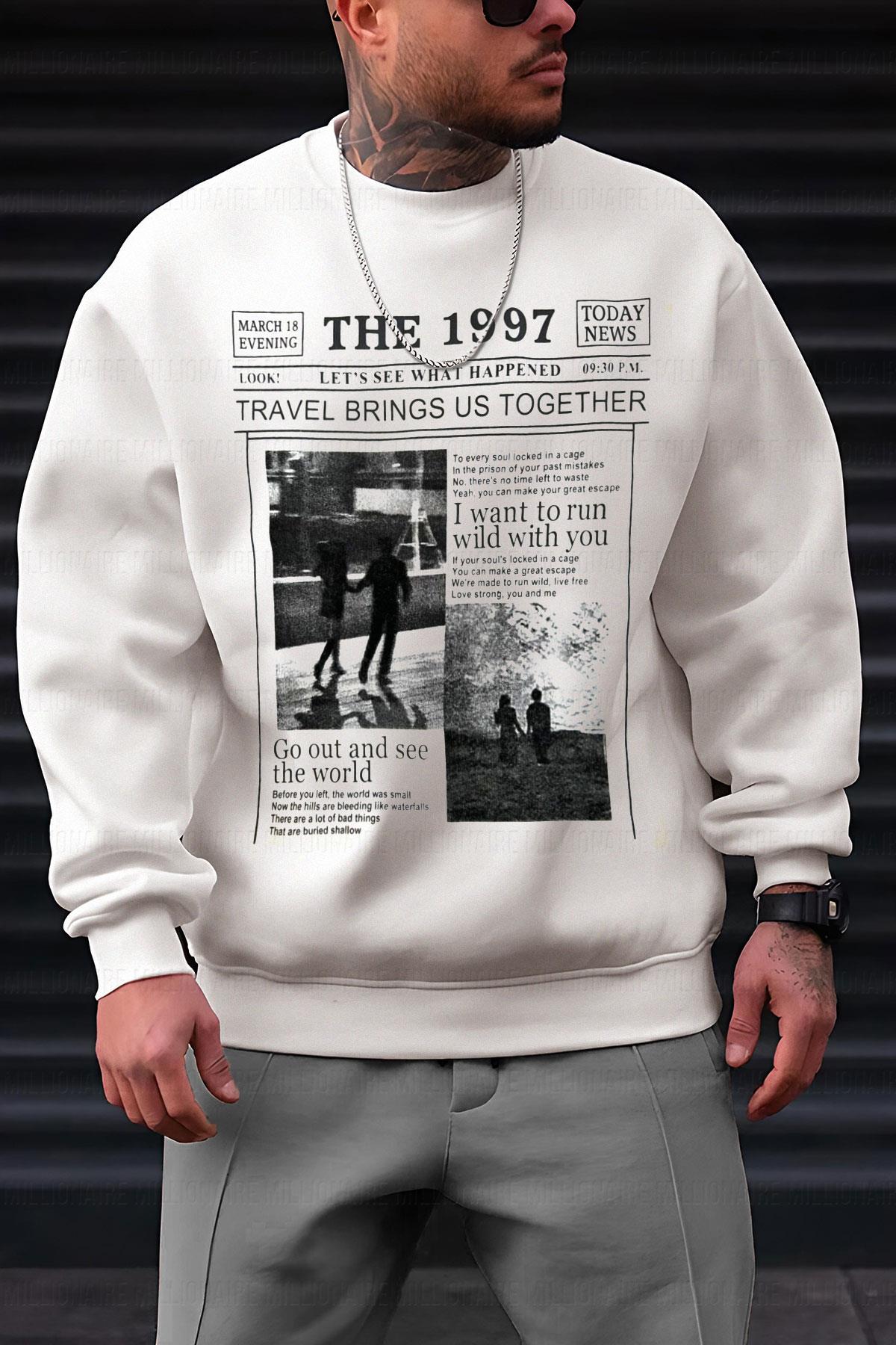 Erkek Kırık Beyaz Krem Ekru 1997 Baskılı 0 Sıfır Yaka Oversize Salaş Bol Kesim Polar Sweatshirt
