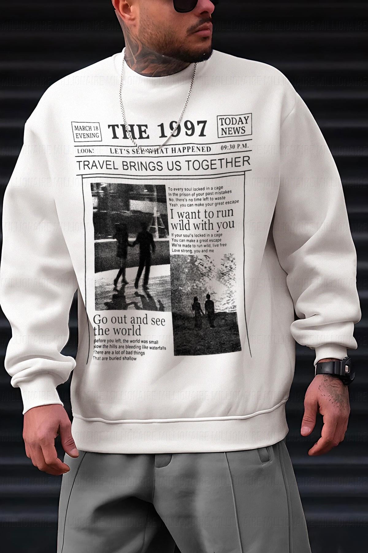 Erkek Kırık Beyaz Krem Ekru 1997 Baskılı 0 Sıfır Yaka Oversize Salaş Bol Kesim Polar Sweatshirt