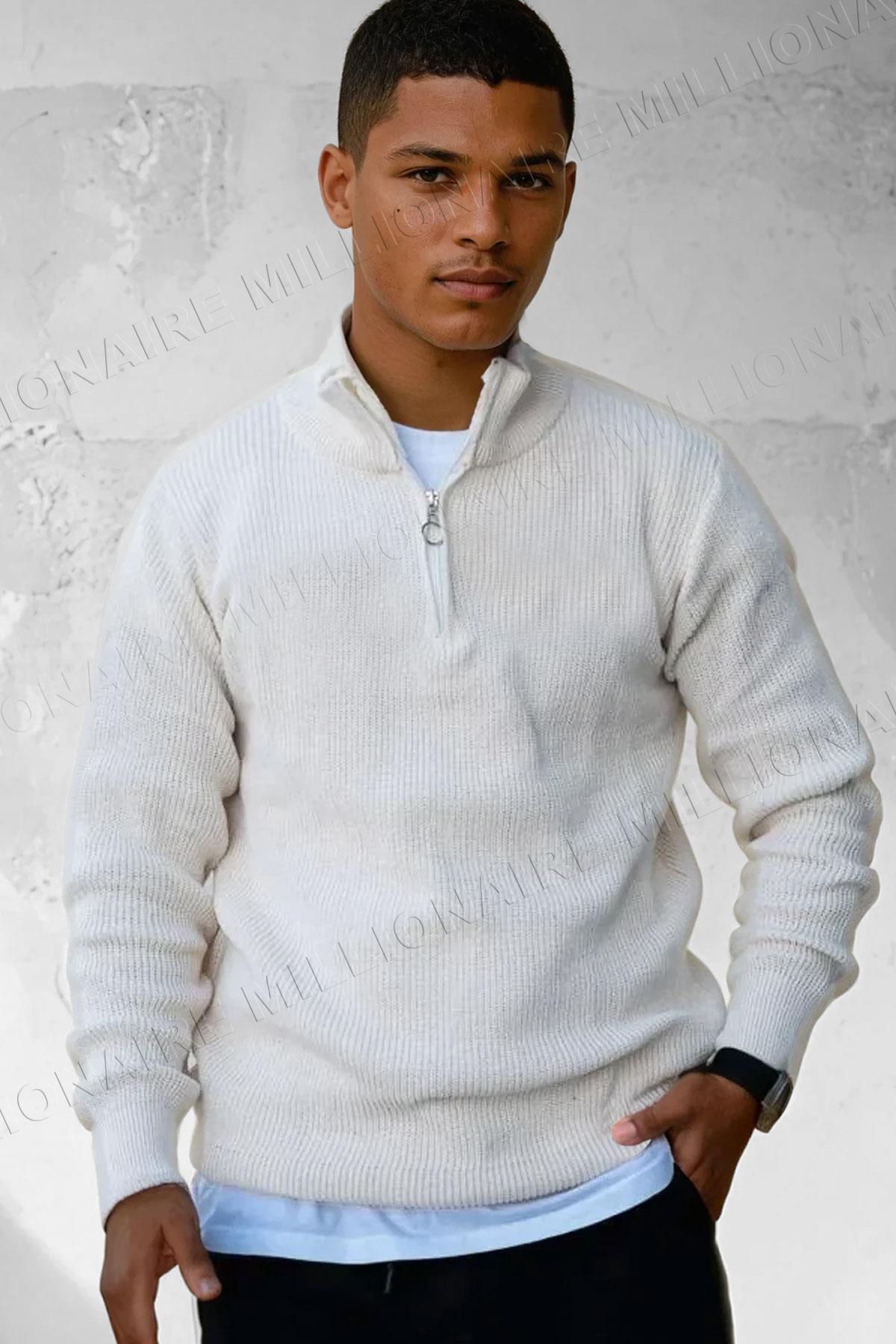 Erkek Ekru Beyaz Fermuarlı Balıkçı Yaka Kışlık Triko Kazak
