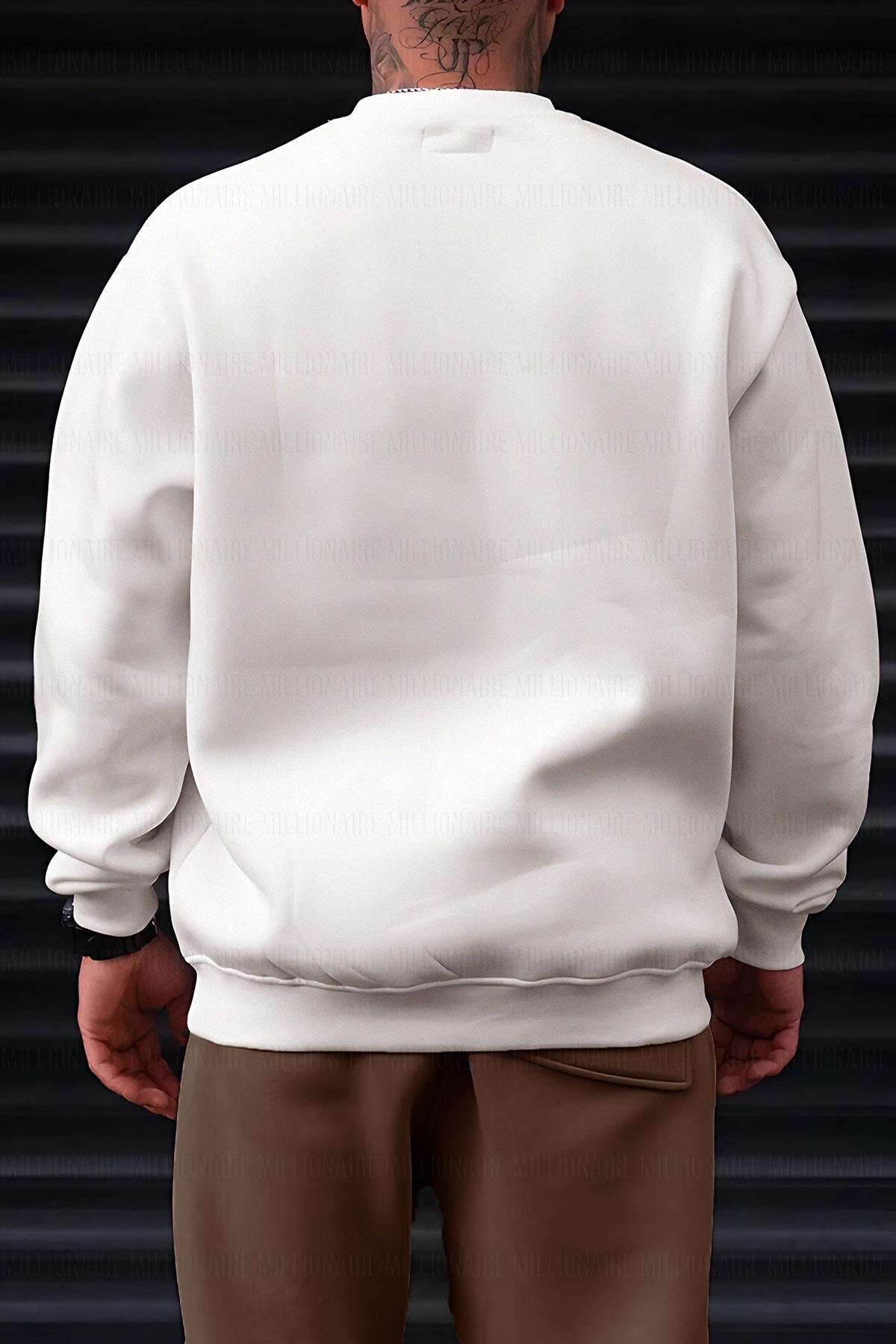 Erkek Kırık Beyaz Krem Ekru But First Coffee Baskılı 0 Sıfır Yaka Oversize Salaş Bol Kesim Polar Sweatshirt