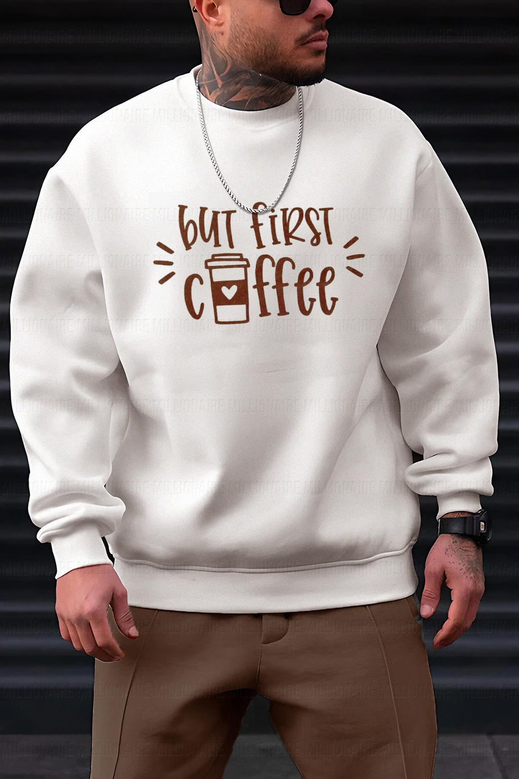 Erkek Kırık Beyaz Krem Ekru But First Coffee Baskılı 0 Sıfır Yaka Oversize Salaş Bol Kesim Polar Sweatshirt