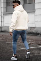 Erkek Kırık Beyaz Krem Ekru Düz Kapüşonlu Oversize 3 iplik Şardonlu Salaş Bol Kesim Hoodie Sweatshirt