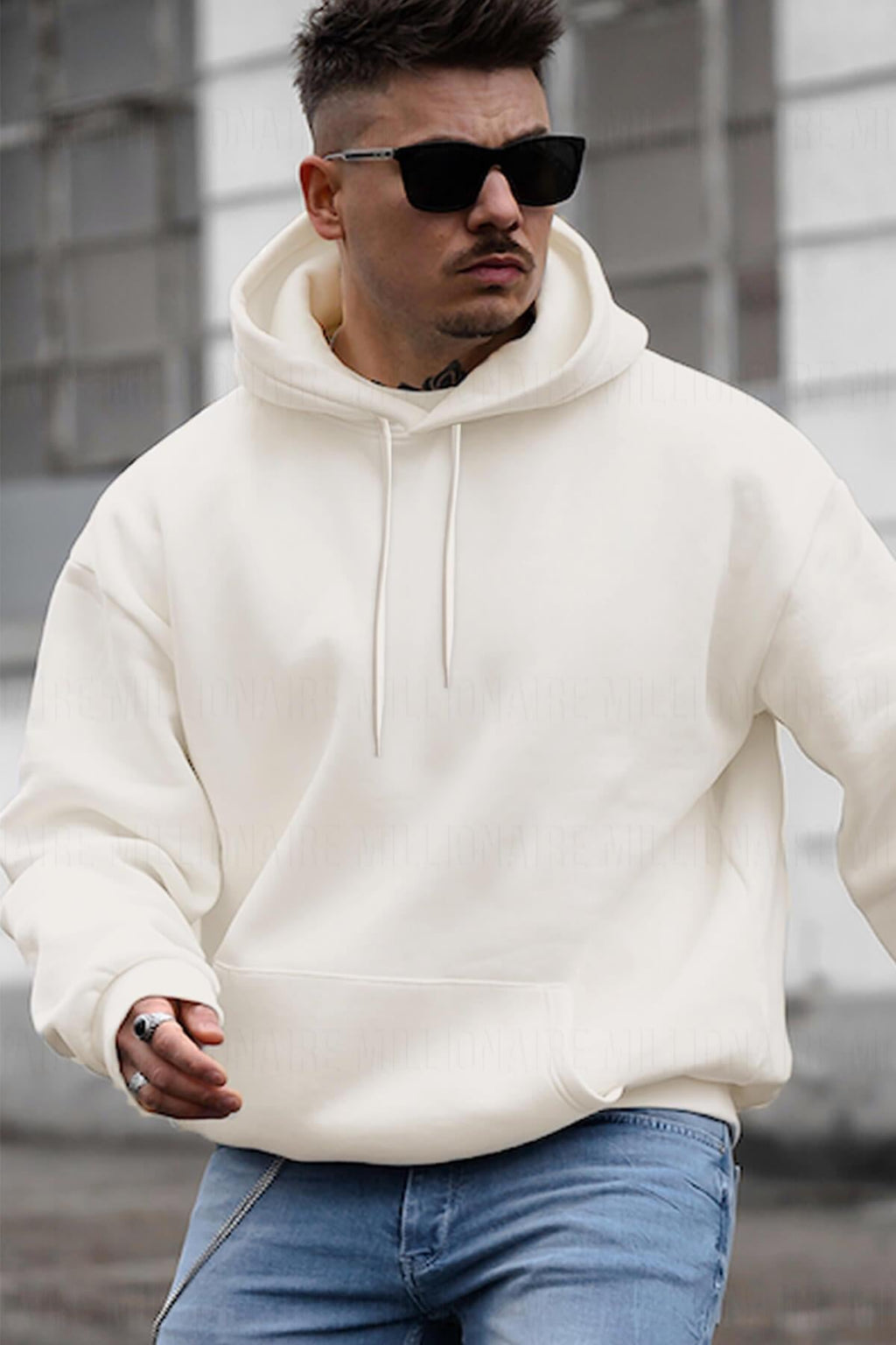 Erkek Kırık Beyaz Krem Ekru Düz Kapüşonlu Oversize 3 iplik Şardonlu Salaş Bol Kesim Hoodie Sweatshirt