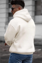 Erkek Kırık Beyaz Krem Ekru Düz Kapüşonlu Oversize 3 iplik Şardonlu Salaş Bol Kesim Hoodie Sweatshirt