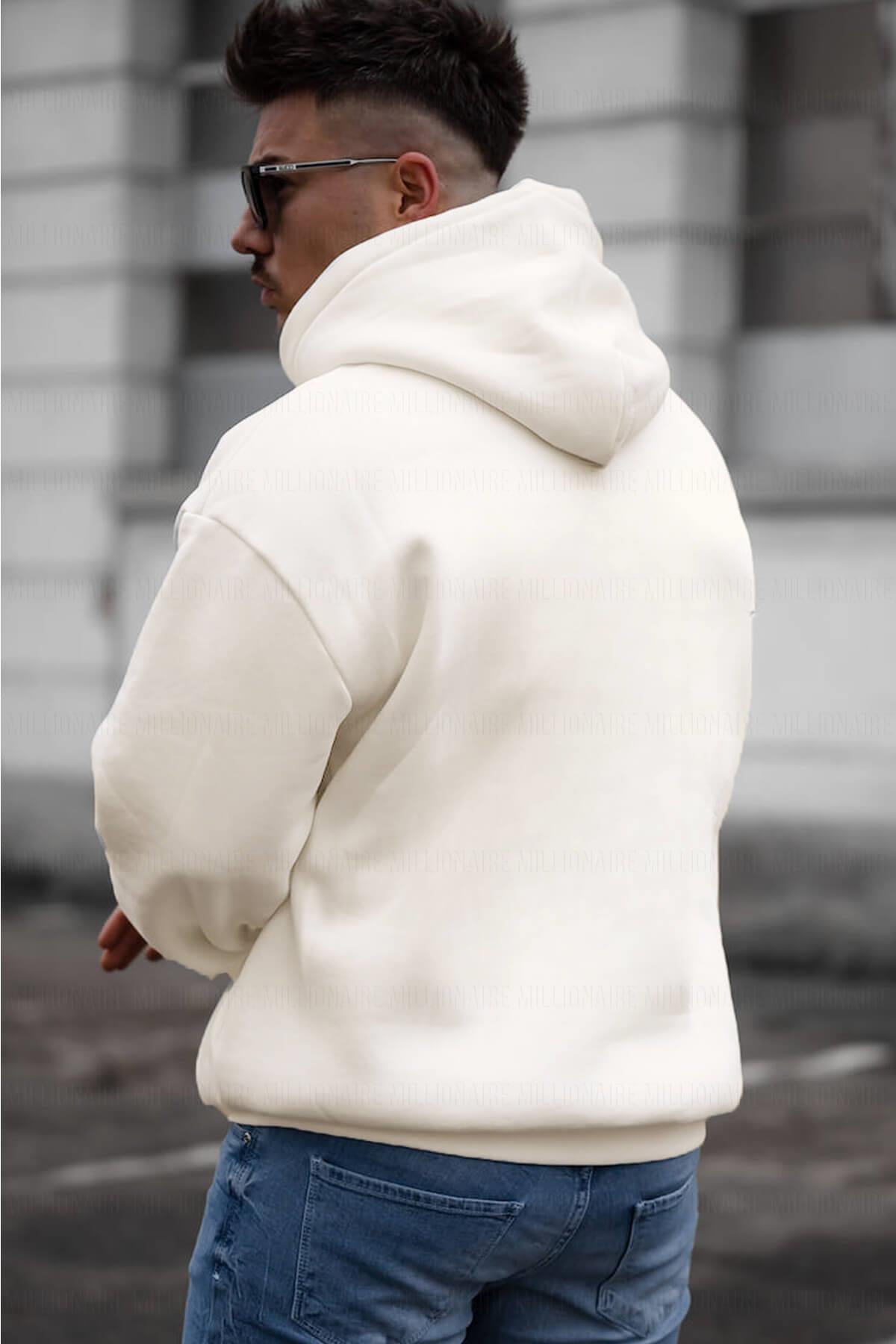 Erkek Kırık Beyaz Krem Ekru Düz Kapüşonlu Oversize 3 iplik Şardonlu Salaş Bol Kesim Hoodie Sweatshirt