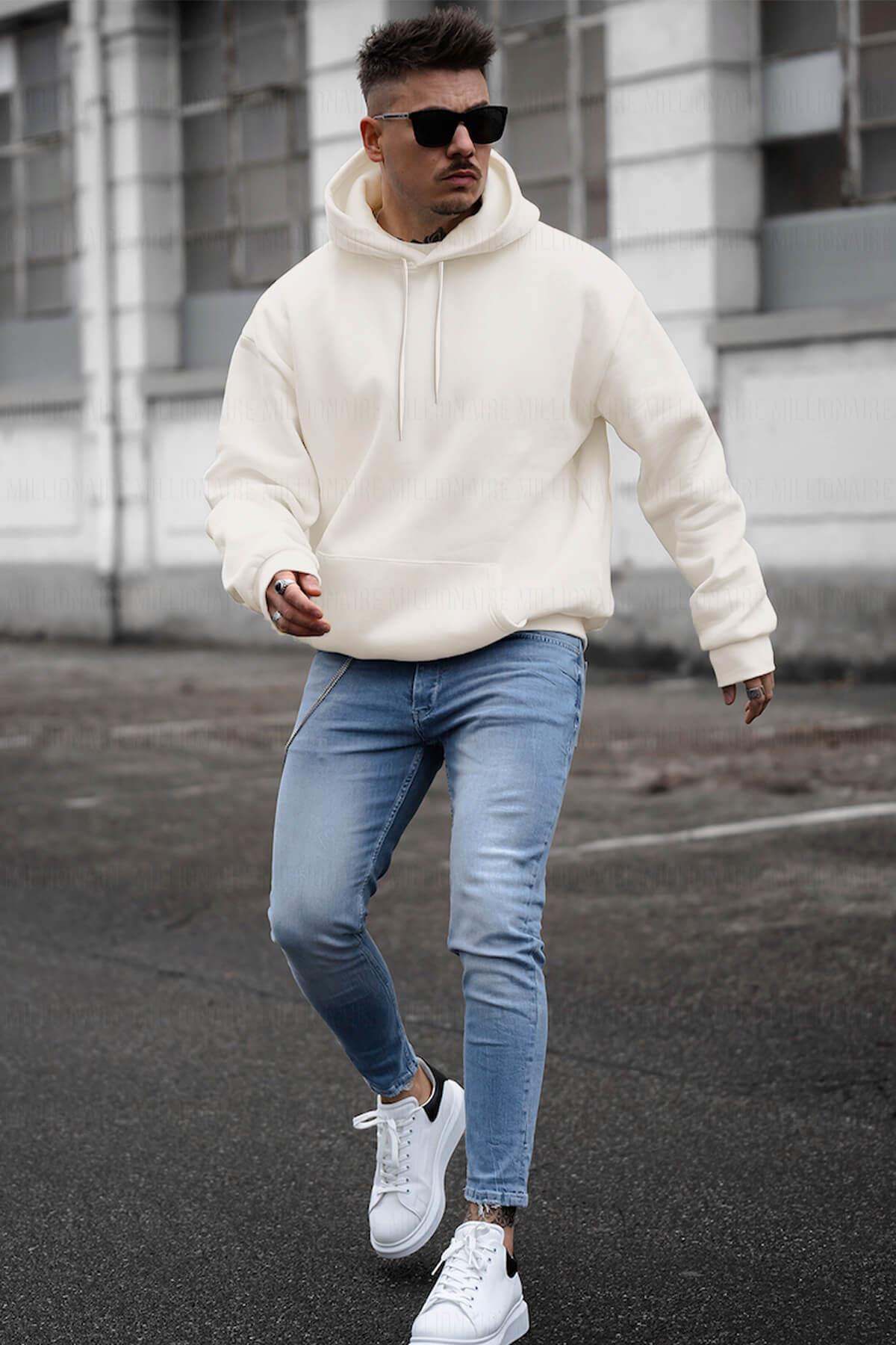 Erkek Kırık Beyaz Krem Ekru Düz Kapüşonlu Oversize 3 iplik Şardonlu Salaş Bol Kesim Hoodie Sweatshirt