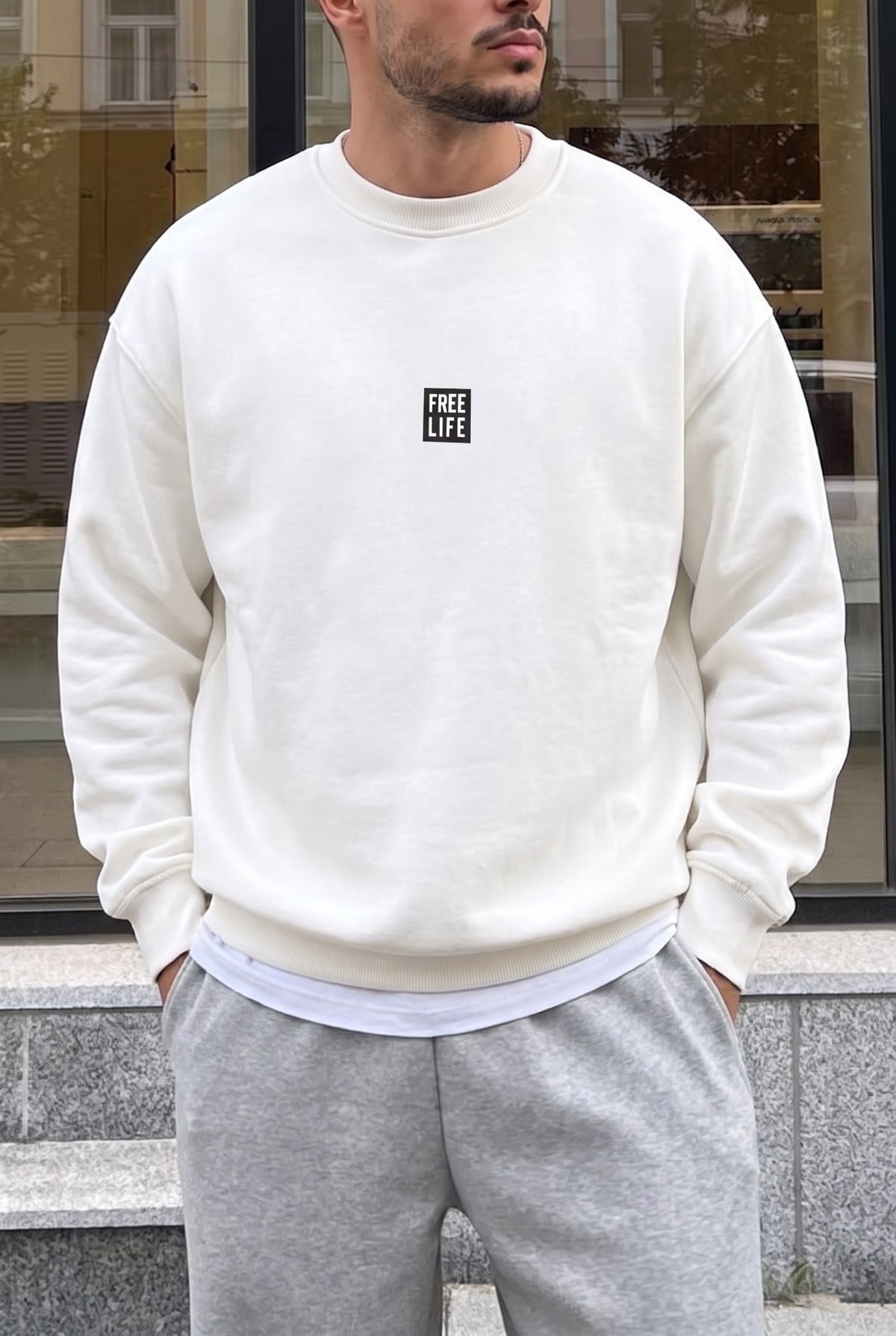 Erkek Ekru Free Life Baskılı Kalın Soft 3 İplik içi Şardonlu 0 Sıfır Yaka Oversize Salaş Sweatshirt