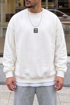 Erkek Ekru Free Life Baskılı Kalın Soft 3 İplik içi Şardonlu 0 Sıfır Yaka Oversize Salaş Sweatshirt