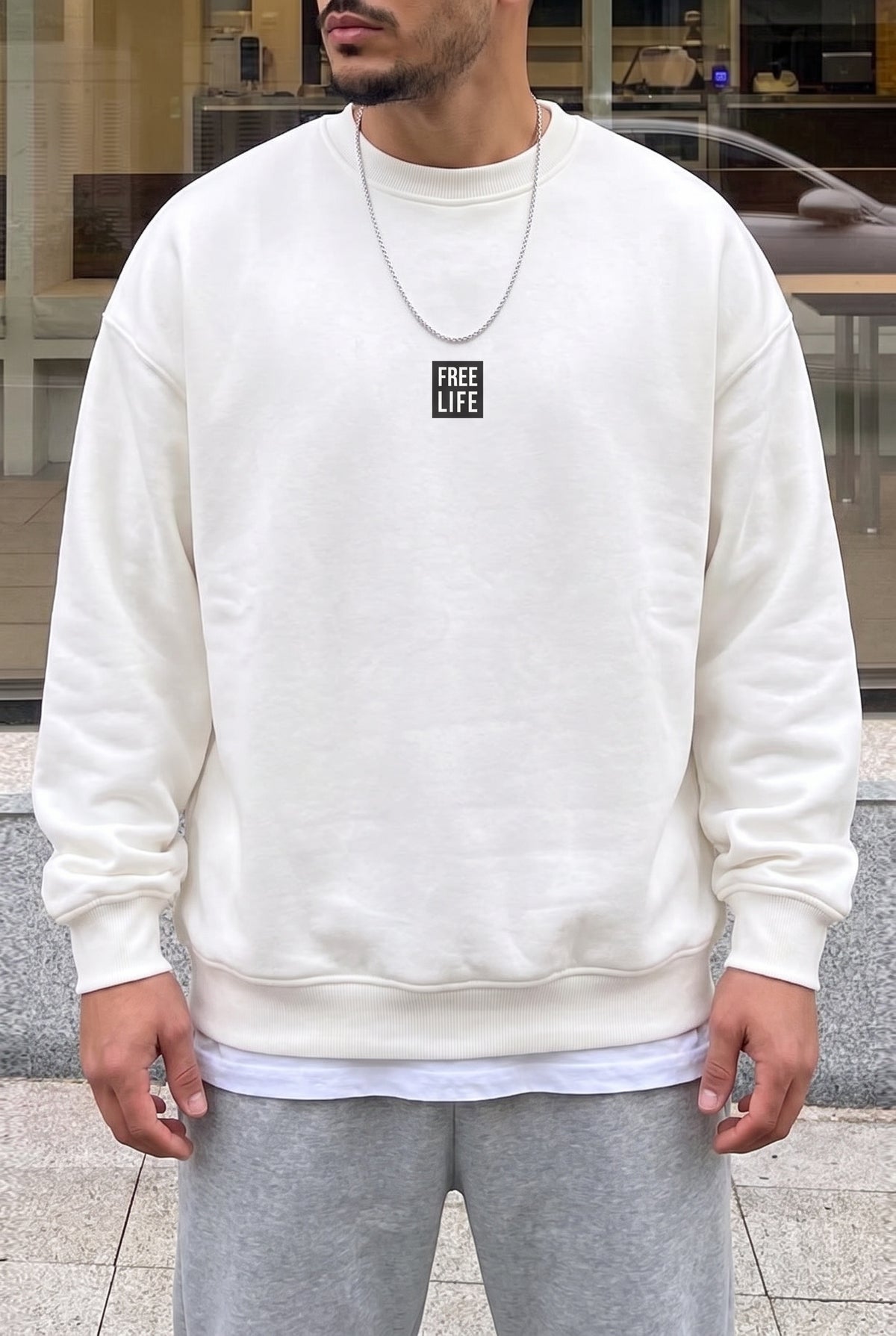 Erkek Ekru Free Life Baskılı Kalın Soft 3 İplik içi Şardonlu 0 Sıfır Yaka Oversize Salaş Sweatshirt