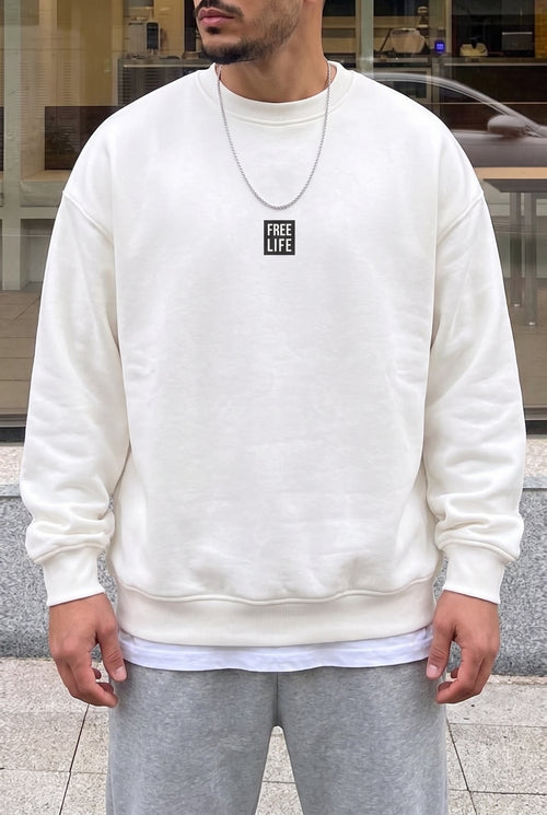 Erkek Ekru Free Life Baskılı Kalın Soft 3 İplik içi Şardonlu 0 Sıfır Yaka Oversize Salaş Sweatshirt