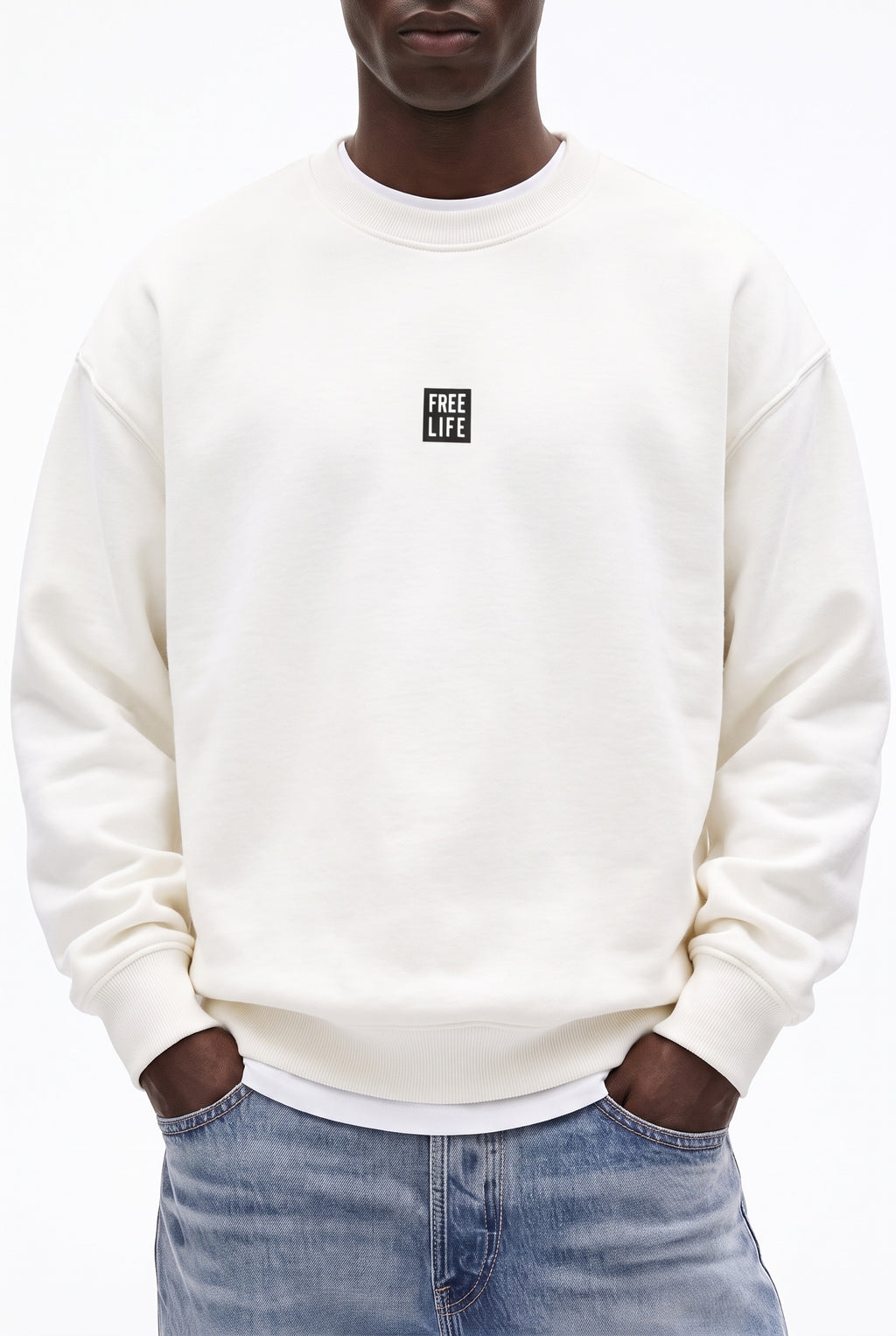Erkek Ekru Free Life Baskılı Kalın Soft 3 İplik içi Şardonlu 0 Sıfır Yaka Oversize Salaş Sweatshirt