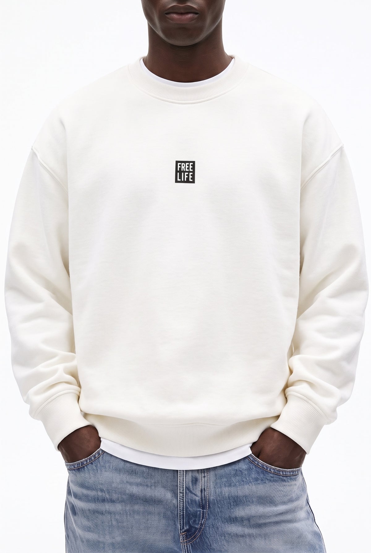 Erkek Ekru Free Life Baskılı Kalın Soft 3 İplik içi Şardonlu 0 Sıfır Yaka Oversize Salaş Sweatshirt