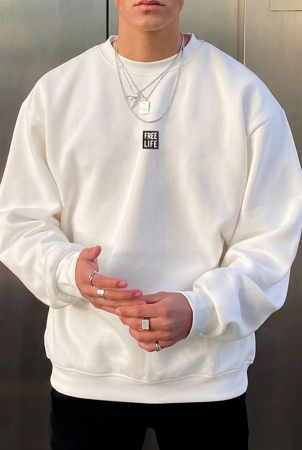 Erkek Ekru Free Life Baskılı Kalın Soft 3 İplik içi Şardonlu 0 Sıfır Yaka Oversize Salaş Sweatshirt