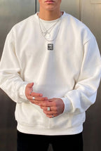 Erkek Ekru Free Life Baskılı Kalın Soft 3 İplik içi Şardonlu 0 Sıfır Yaka Oversize Salaş Sweatshirt