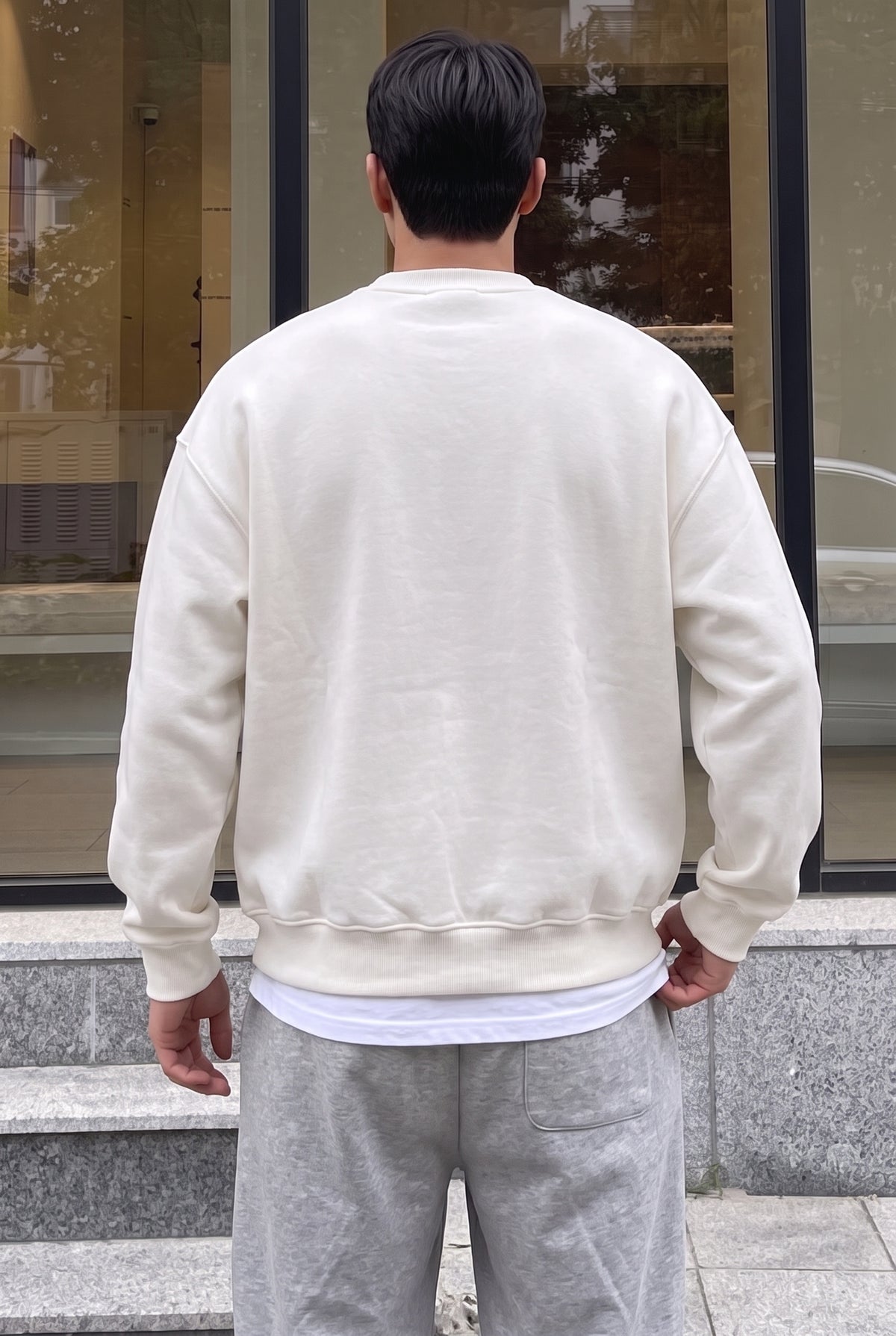 Erkek Ekru Free Life Baskılı Kalın Soft 3 İplik içi Şardonlu 0 Sıfır Yaka Oversize Salaş Sweatshirt