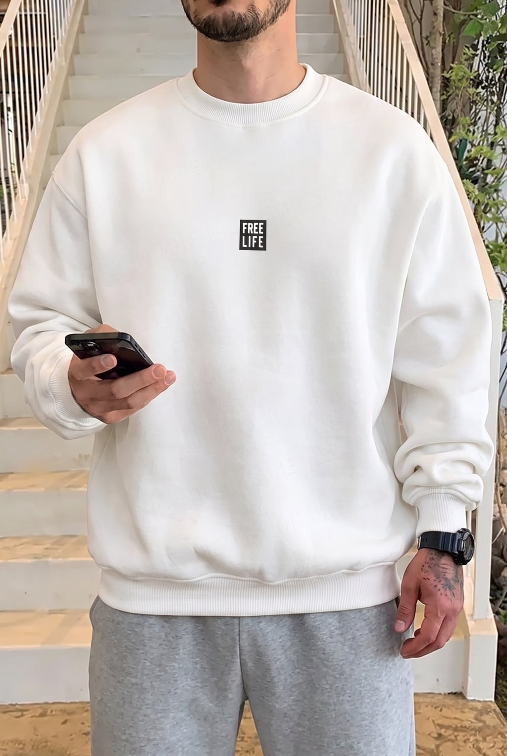 Erkek Ekru Free Life Baskılı Kalın Soft 3 İplik içi Şardonlu 0 Sıfır Yaka Oversize Salaş Sweatshirt