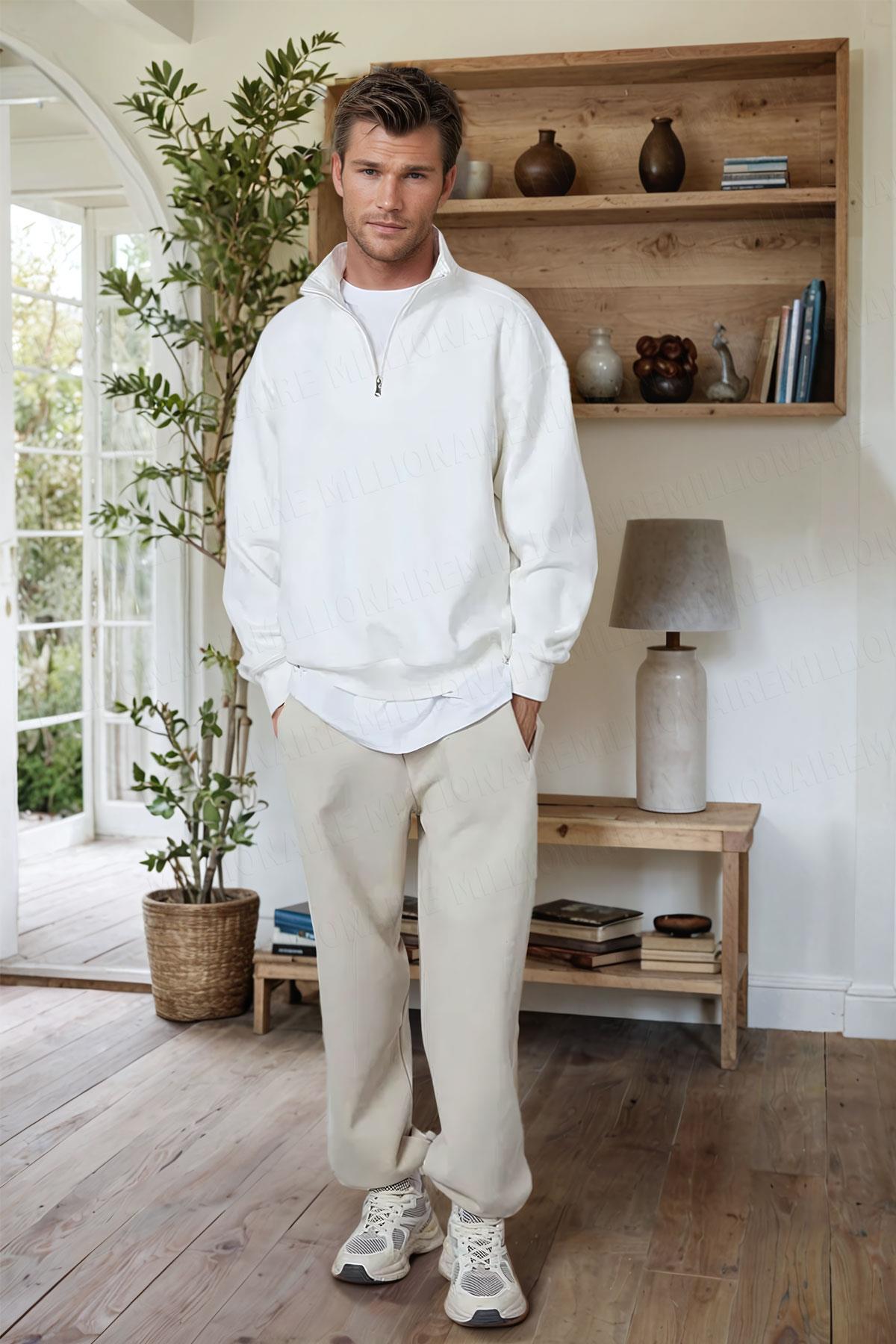 Erkek Ekru Kırık Beyaz Balıkçı Yaka 3 Iplik Içi Polarlı Şardonlu Oversize Sweatshirt