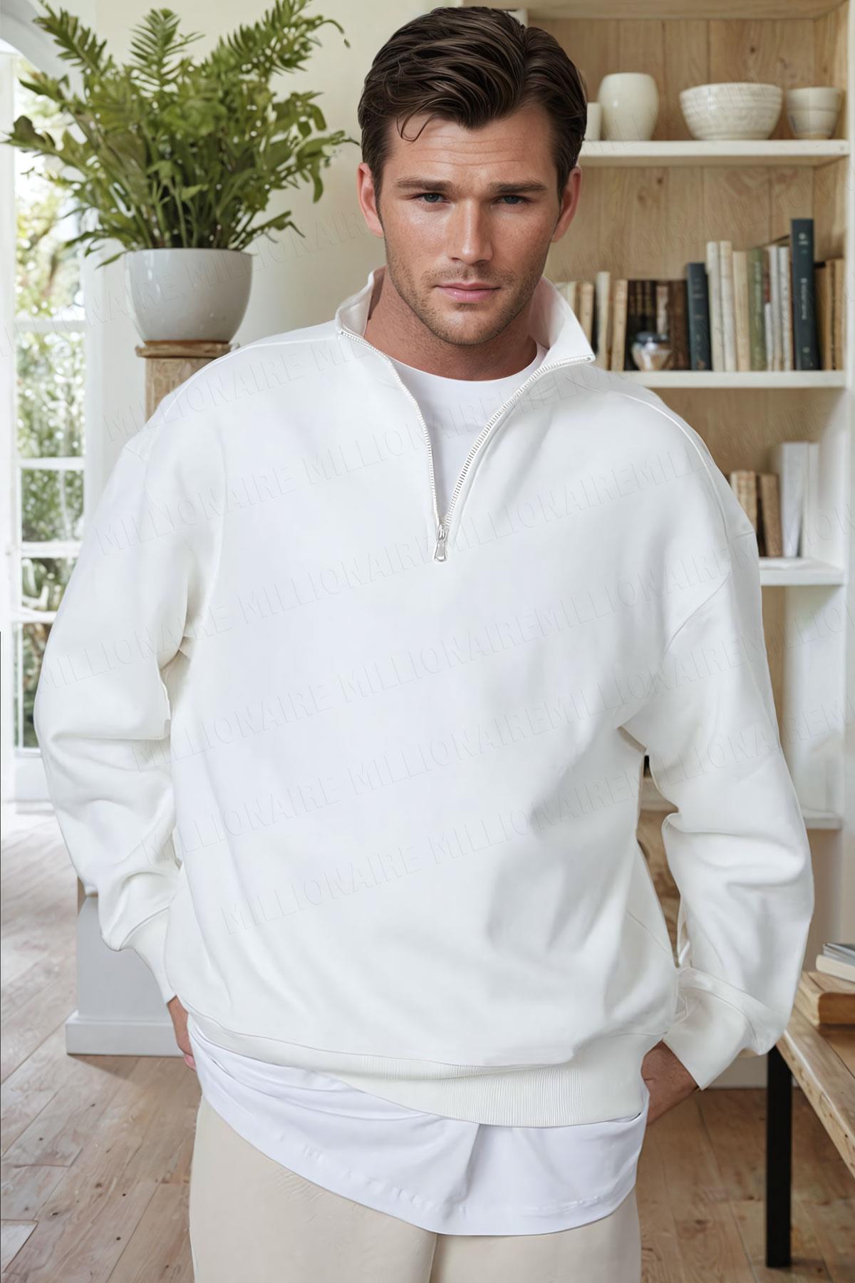 Erkek Ekru Kırık Beyaz Balıkçı Yaka 3 Iplik Içi Polarlı Şardonlu Oversize Sweatshirt