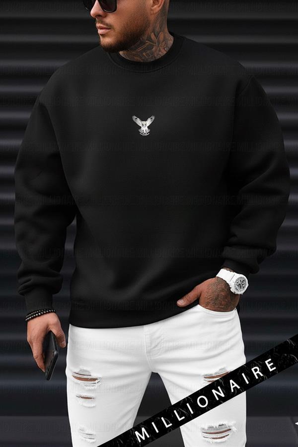 Erkek Siyah Baykuş Kalın Soft 3 İplik içi Şardonlu 0 Sıfır Yaka Oversize Salaş Sweatshirt