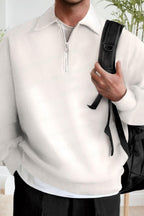 Erkek Ekru Kırık Beyaz Yarım Fermuar Polo Yaka Oversize Salaş Bol Kesim Polar Sweatshirt