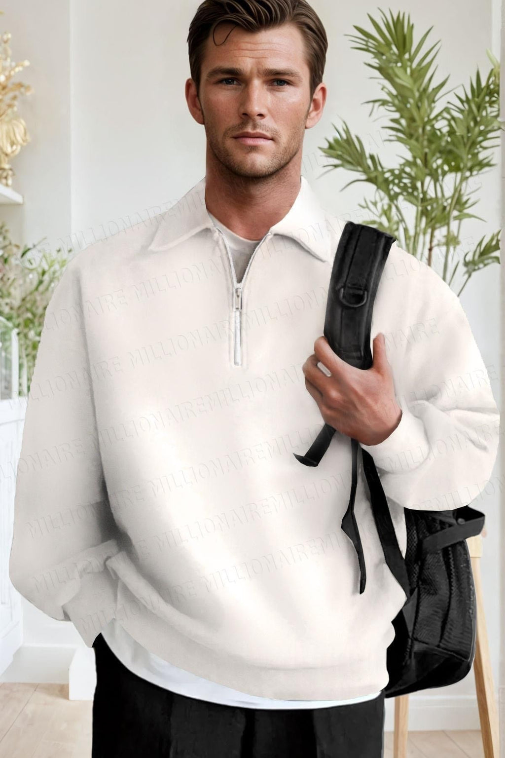 Erkek Ekru Kırık Beyaz Yarım Fermuar Polo Yaka Oversize Salaş Bol Kesim Polar Sweatshirt