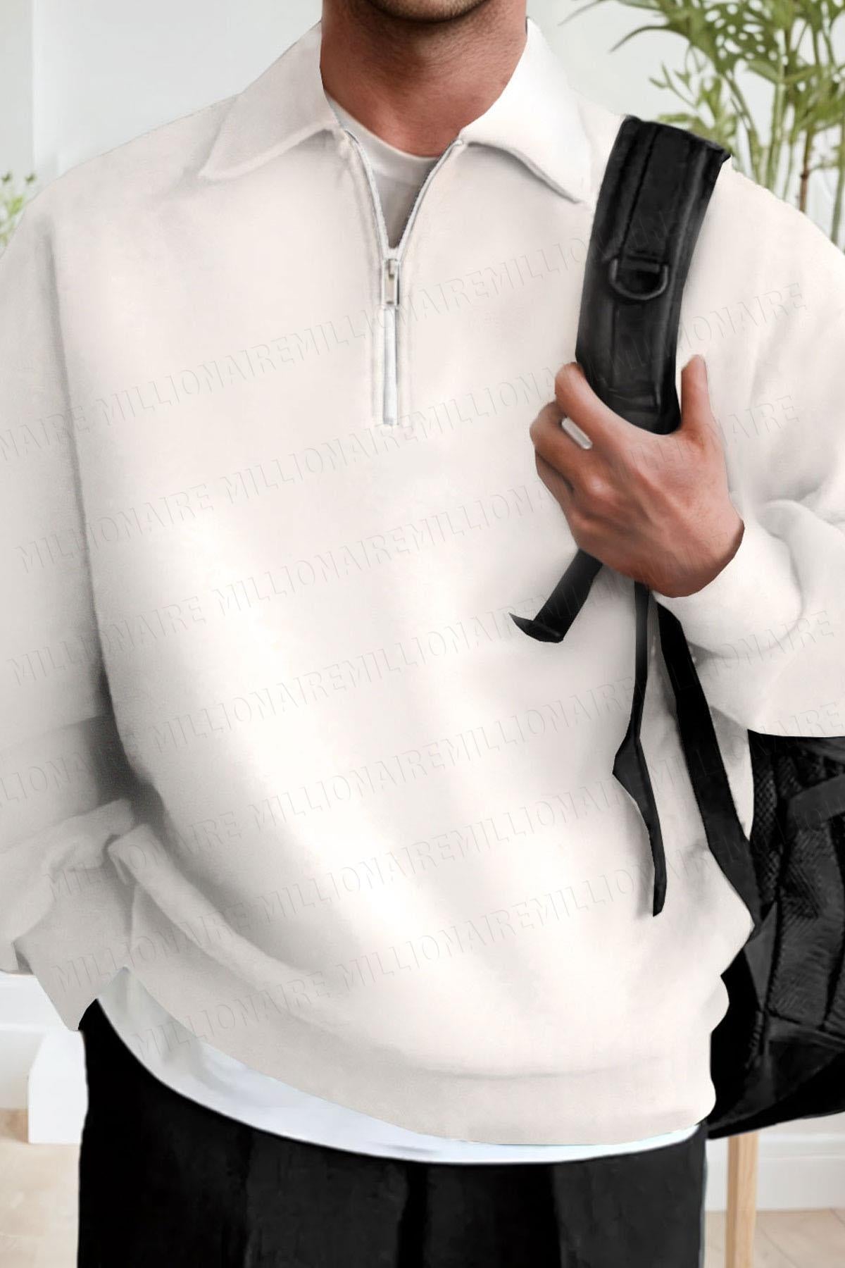 Erkek Ekru Kırık Beyaz Yarım Fermuar Polo Yaka 3 İplik İçi Polarlı Şardonlu Oversize Sweatshirt