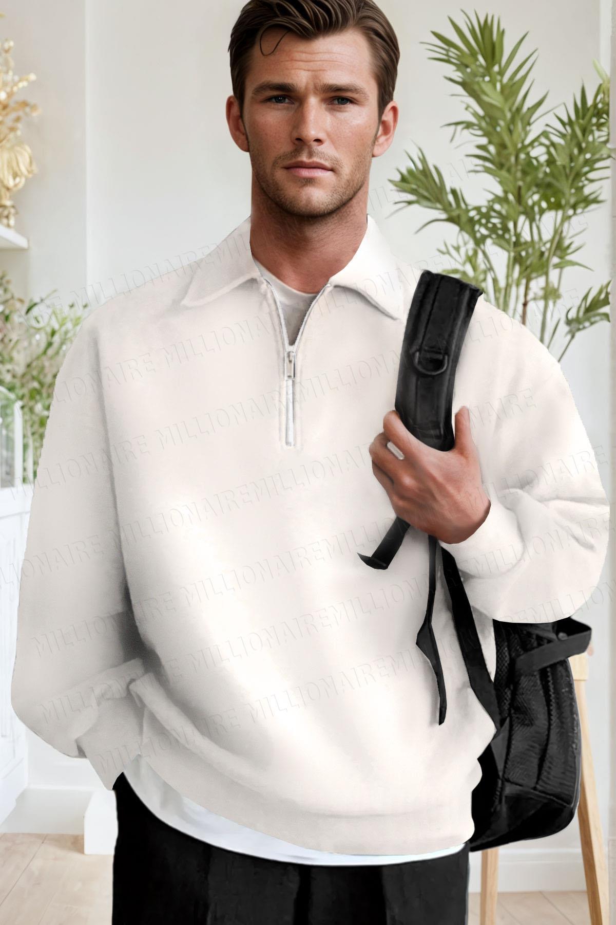 Erkek Ekru Kırık Beyaz Yarım Fermuar Polo Yaka 3 İplik İçi Polarlı Şardonlu Oversize Sweatshirt