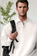Erkek Ekru Kırık Beyaz Yarım Fermuar Polo Yaka Oversize Salaş Bol Kesim Polar Sweatshirt