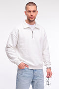 Erkek Ekru Kırık Beyaz Yarım Fermuar Polo Yaka 3 İplik İçi Polarlı Şardonlu Oversize Sweatshirt