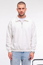 Erkek Ekru Kırık Beyaz Yarım Fermuar Polo Yaka 3 İplik İçi Polarlı Şardonlu Oversize Sweatshirt