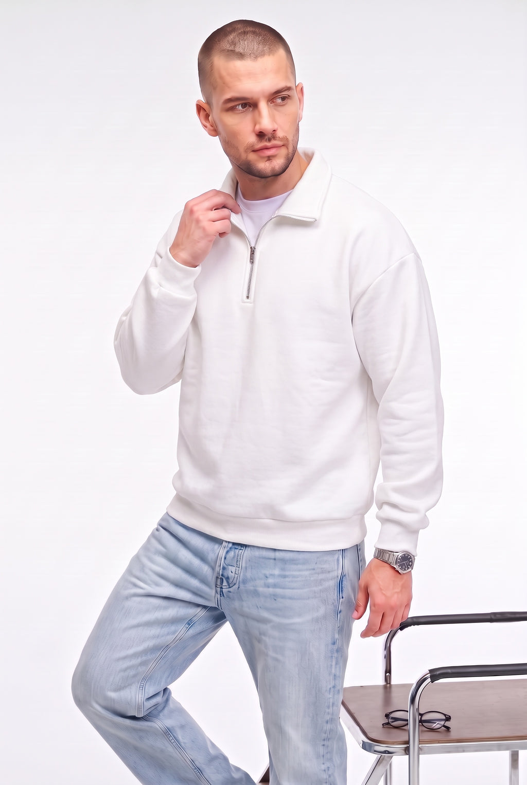 Erkek Ekru Kırık Beyaz Yarım Fermuar Polo Yaka 3 İplik İçi Polarlı Şardonlu Oversize Sweatshirt